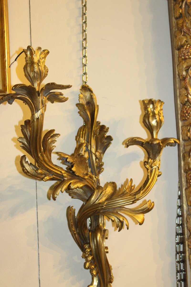 Paire Des Appliques En Bronze Dorè En Style Rocaille, Moitiè Du XIX Siecle-photo-2