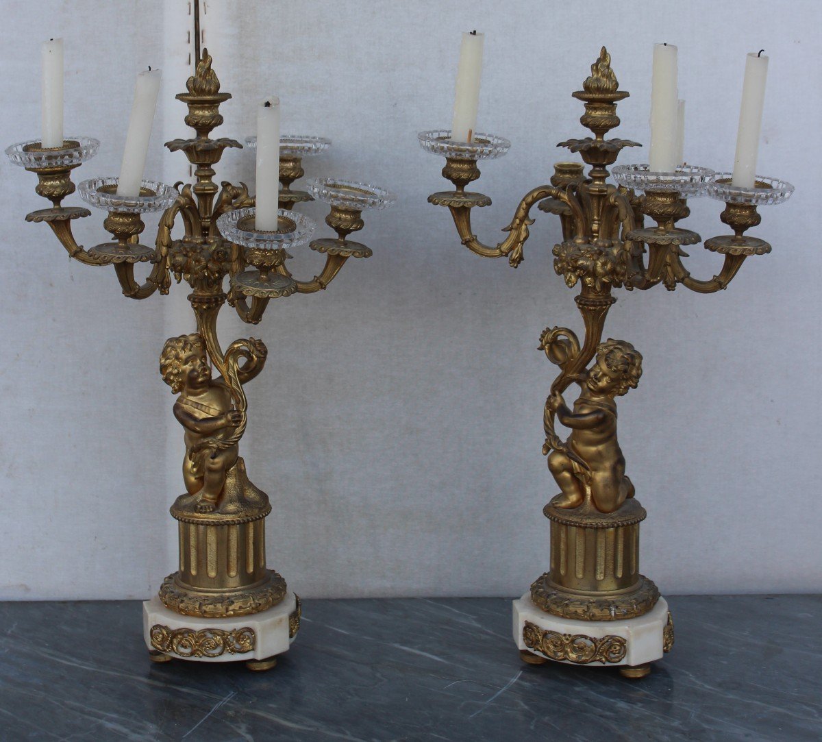 Paire Des Chandeliers En Bronze Dorè Et Marbre, Epoque Napoleon III-photo-1