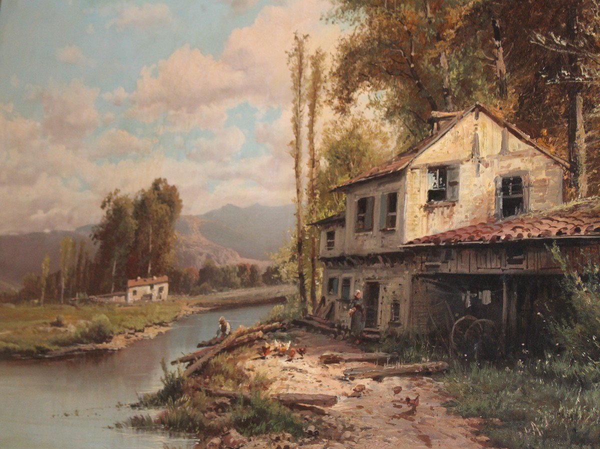 Large Oil Painting  "mountain Landscape With Stream", Attributable   Eugenio Amus (1834-1899)-photo-2