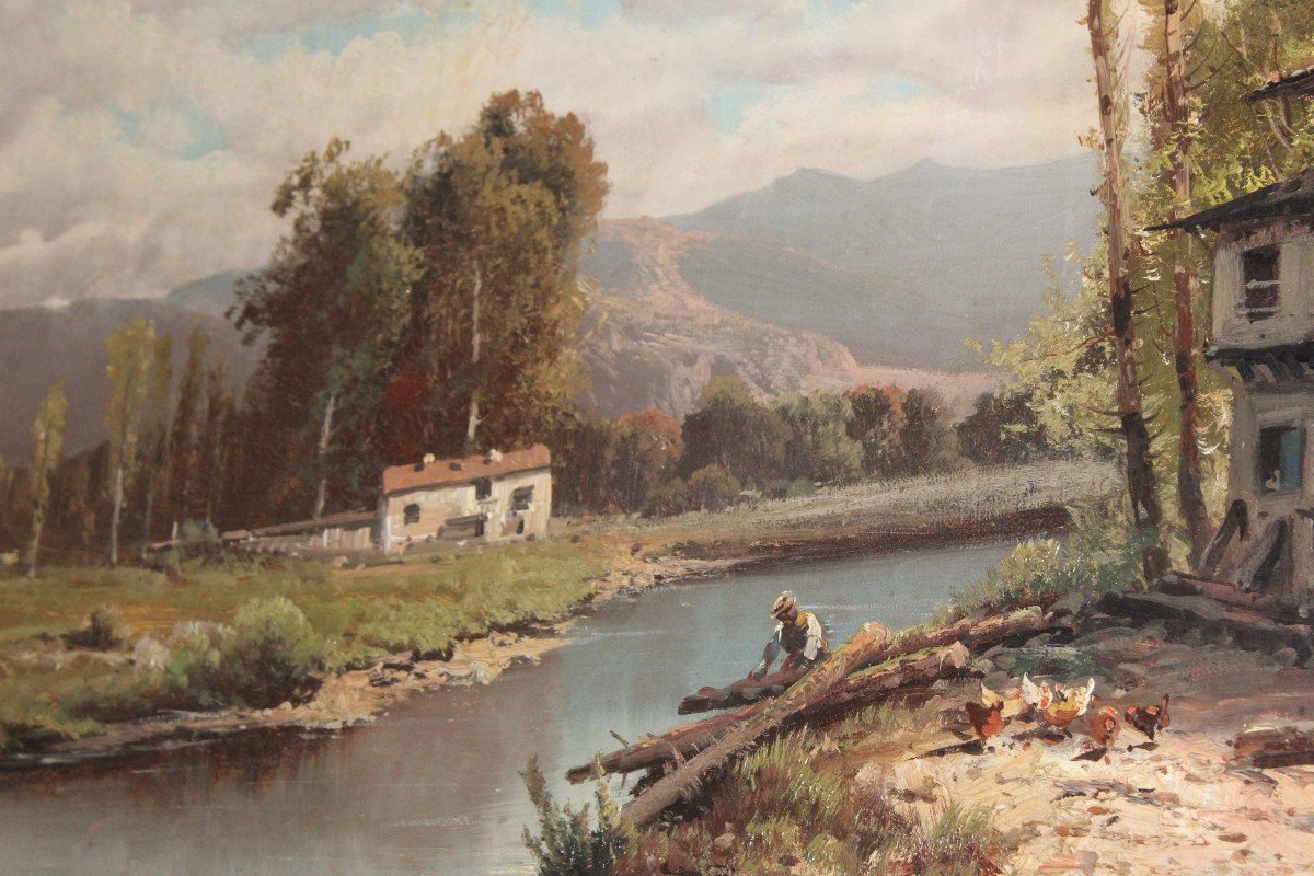 Large Oil Painting  "mountain Landscape With Stream", Attributable   Eugenio Amus (1834-1899)-photo-3