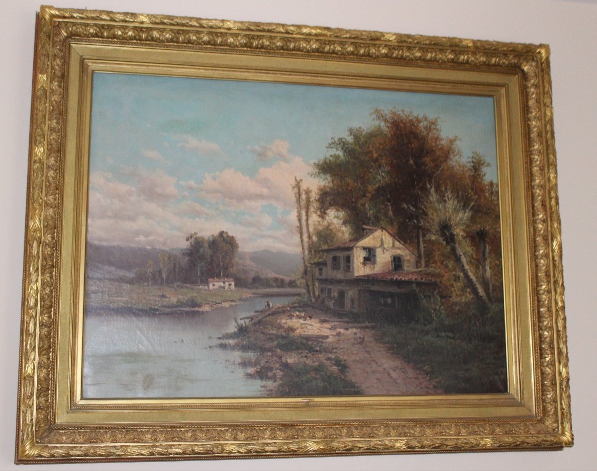 Large Oil Painting  "mountain Landscape With Stream", Attributable   Eugenio Amus (1834-1899)