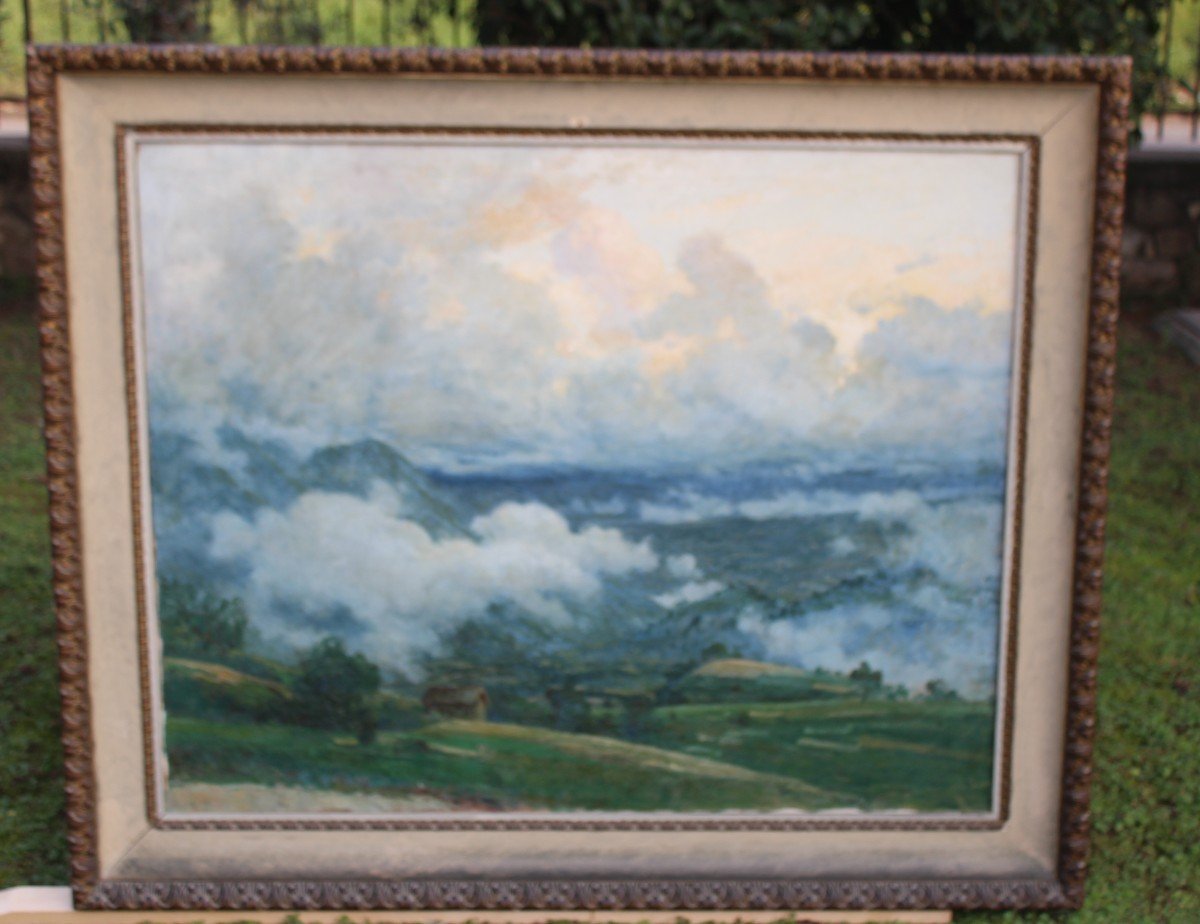Very Large Oil Paintings On Canvas, Mountain Landscape, Late 19th Century.-photo-2