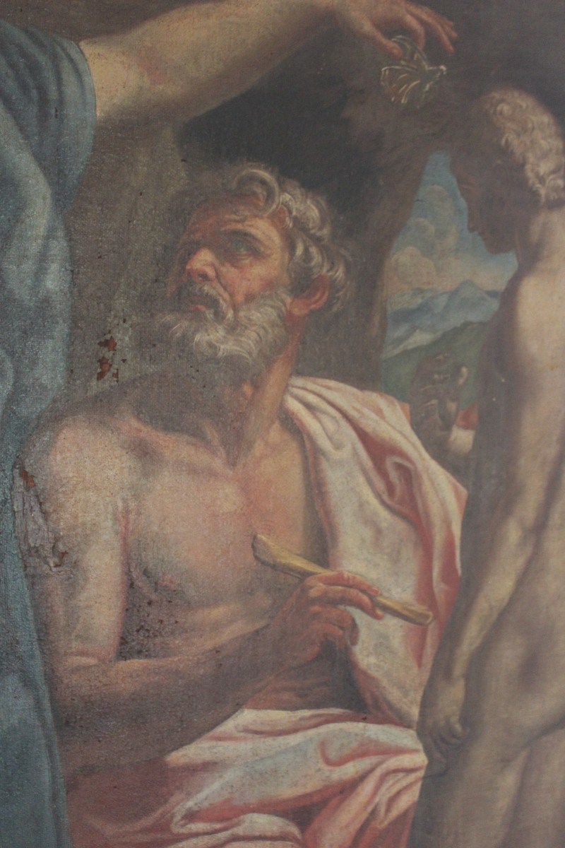 Large Oil On Canvas "promethea And Atalanta" Italian School Of The 18th Century.-photo-3
