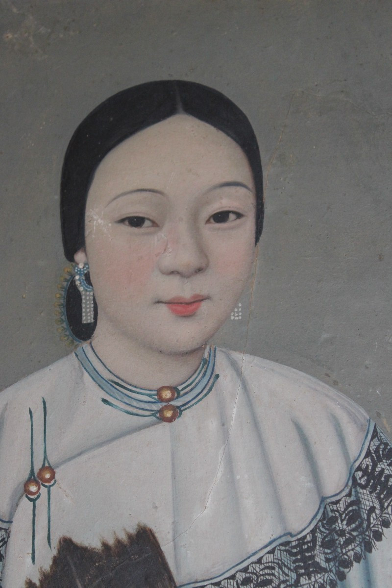 Paire  De Portraits Chinois, Ecole Lam Qua, XIX Siecle-photo-2