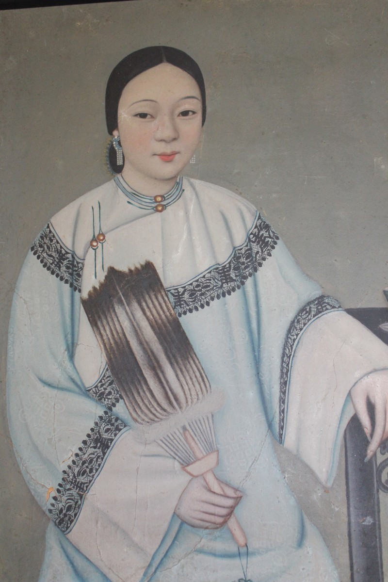 Paire  De Portraits Chinois, Ecole Lam Qua, XIX Siecle-photo-1