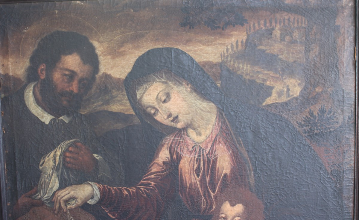 Tableaux  "sainte Famille Avec Saint Giovannino", XVII Siecle, ècole Gènoise.-photo-2