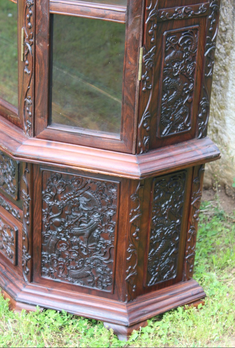 Vitrine Chinois En Bois De Fer Sculptée "au Dragons", XIX Siecle.-photo-2