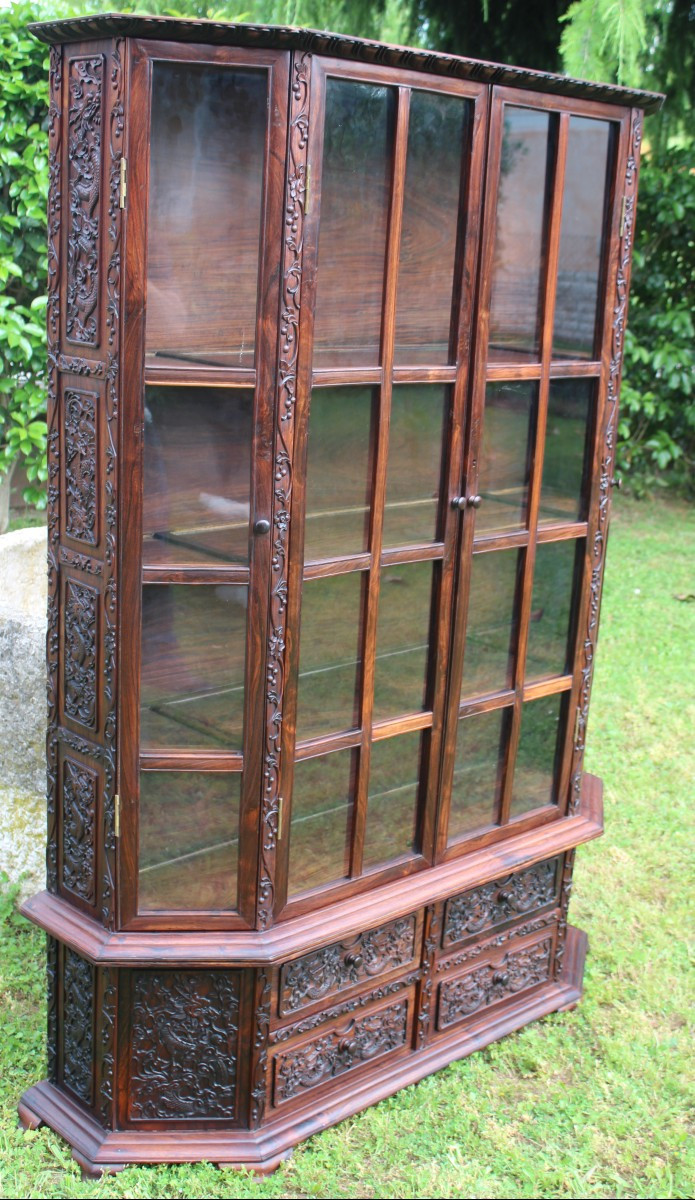 Vitrine Chinois En Bois De Fer Sculptée "au Dragons", XIX Siecle.-photo-1