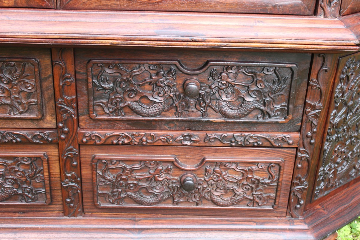 Vitrine Chinois En Bois De Fer Sculptée "au Dragons", XIX Siecle.-photo-2