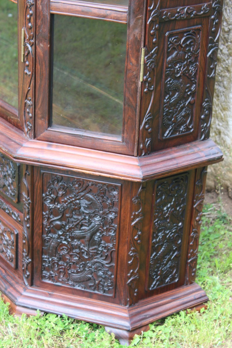 Vitrine Chinois En Bois De Fer Sculptée "au Dragons", XIX Siecle.-photo-7