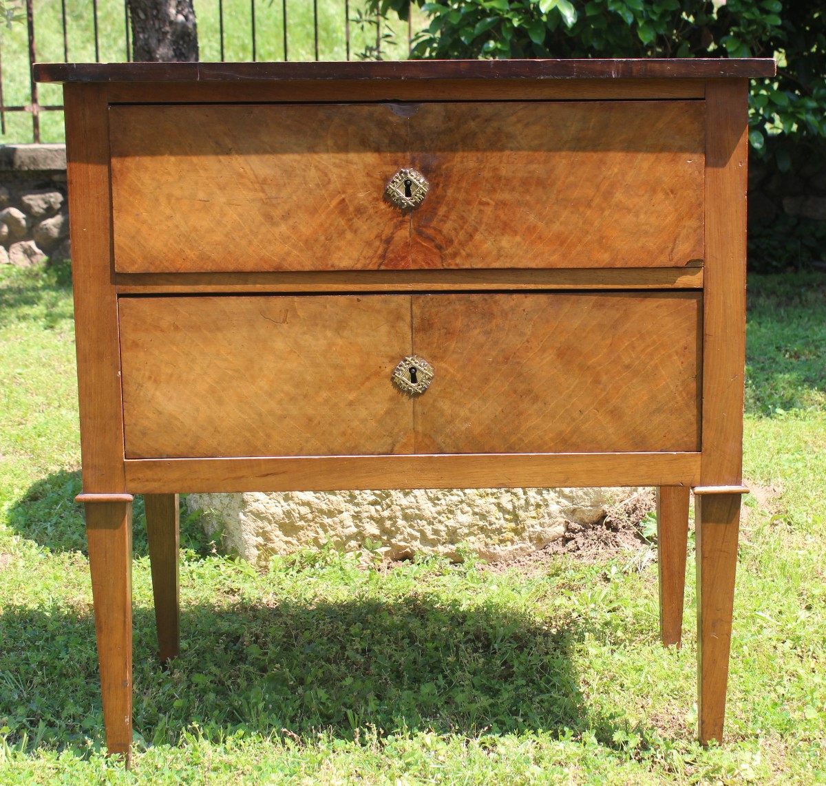 Small Directoire Chest Of Drawers In Walnut Veneer With Two Drawers, 19th Century.