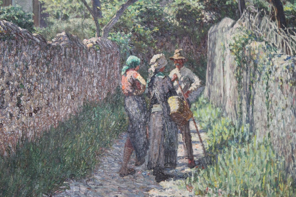 PIER FOCARDI  "QUATTRO CHIACCHERE VICINO CASA" GRAND HUILE SUR TOILE, DATè 1929.-photo-2