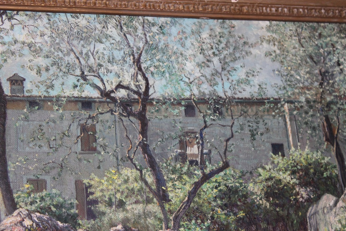 PIER FOCARDI  "QUATTRO CHIACCHERE VICINO CASA" GRAND HUILE SUR TOILE, DATè 1929.-photo-3