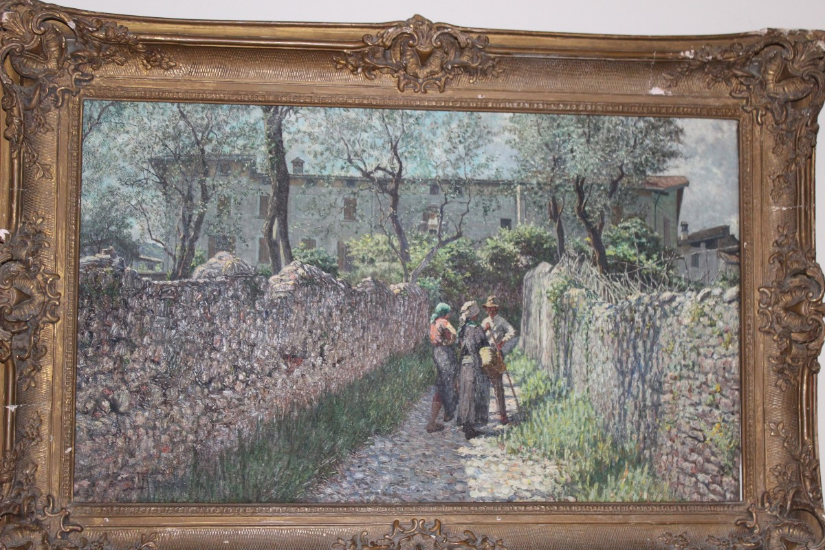 PIER FOCARDI  "QUATTRO CHIACCHERE VICINO CASA" GRAND HUILE SUR TOILE, DATè 1929.