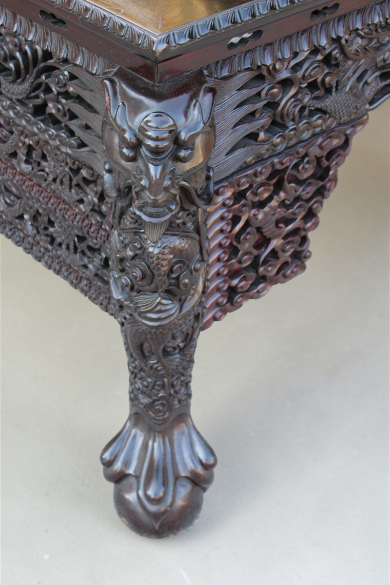 Very Large Chinese Desk In Carved Ironwood, Late 19th Century.-photo-2