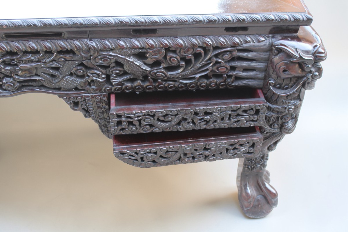 Very Large Chinese Desk In Carved Ironwood, Late 19th Century.-photo-4