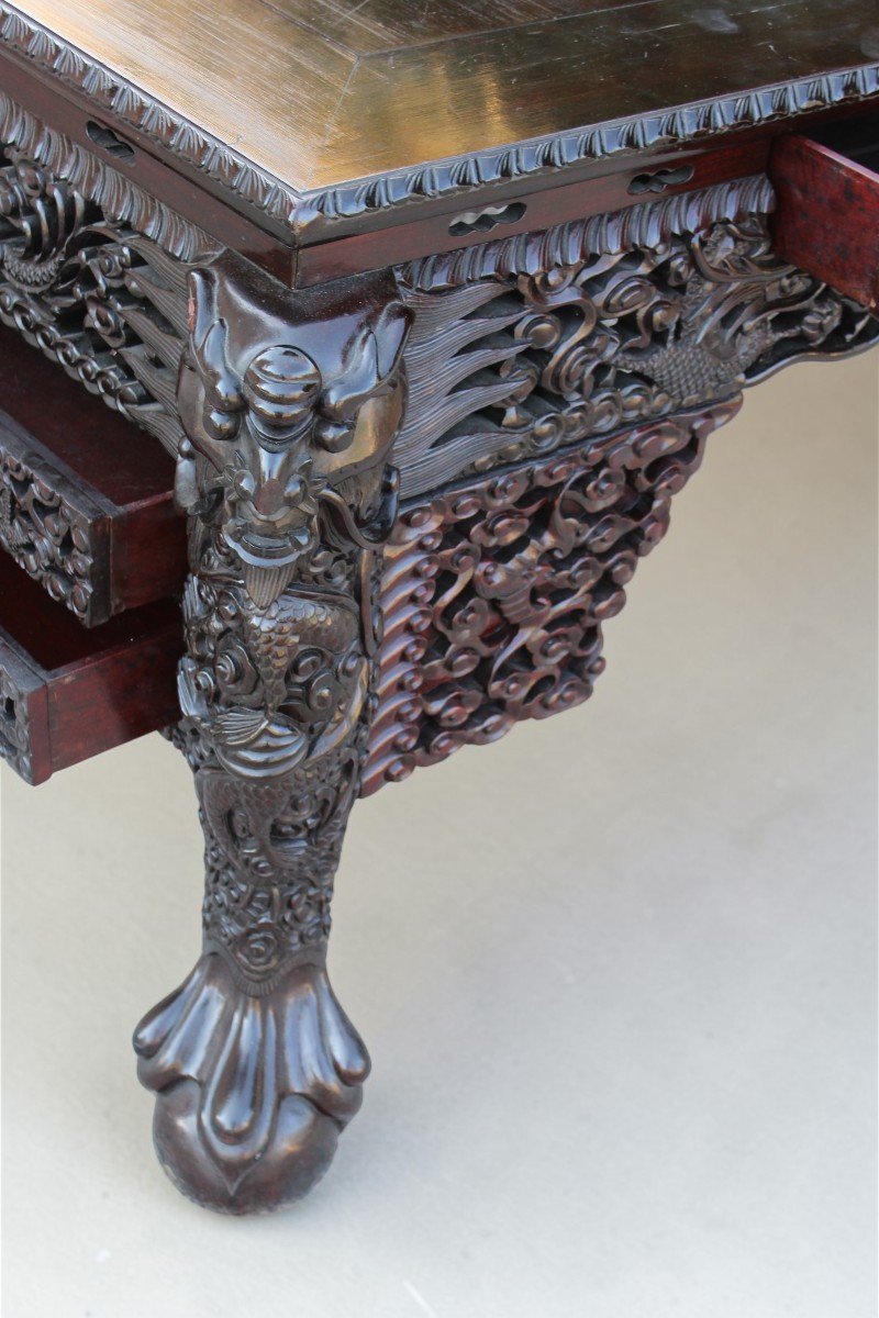 Very Large Chinese Desk In Carved Ironwood, Late 19th Century.-photo-5