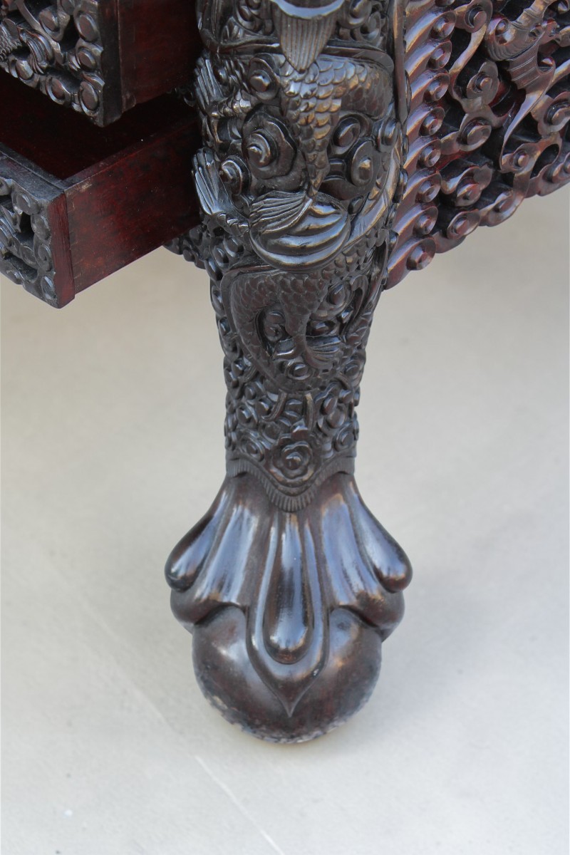 Very Large Chinese Desk In Carved Ironwood, Late 19th Century.-photo-6