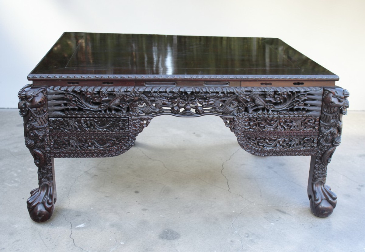 Very Large Chinese Desk In Carved Ironwood, Late 19th Century.