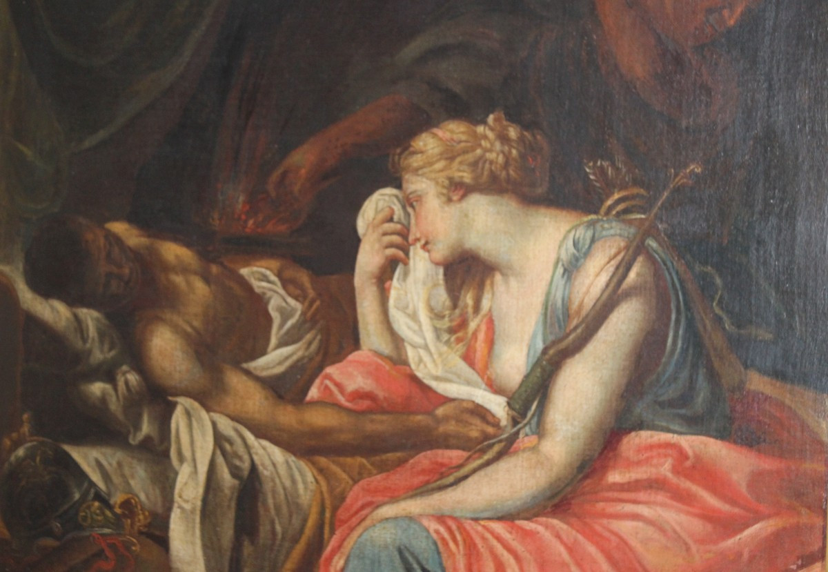 "ATLANTA EN PLEURÉE DE MELEAGRUS MORTEUX" GRAND HUILE SUR TOILE, DU LA FINE DU XVIII SIECLE.-photo-2