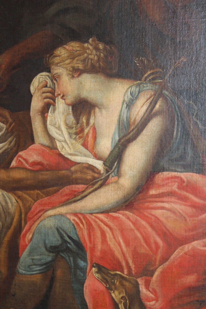 "ATLANTA EN PLEURÉE DE MELEAGRUS MORTEUX" GRAND HUILE SUR TOILE, DU LA FINE DU XVIII SIECLE.-photo-4