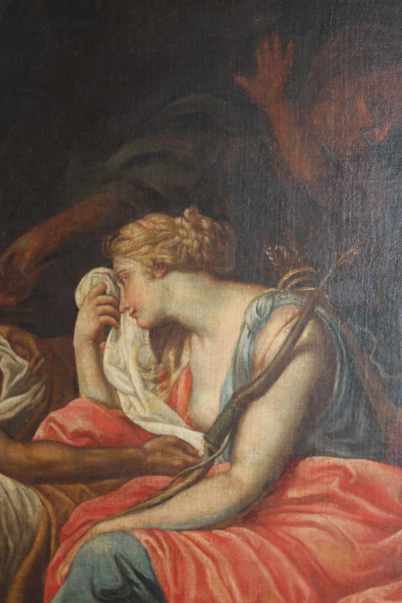 "ATLANTA EN PLEURÉE DE MELEAGRUS MORTEUX" GRAND HUILE SUR TOILE, DU LA FINE DU XVIII SIECLE.-photo-2