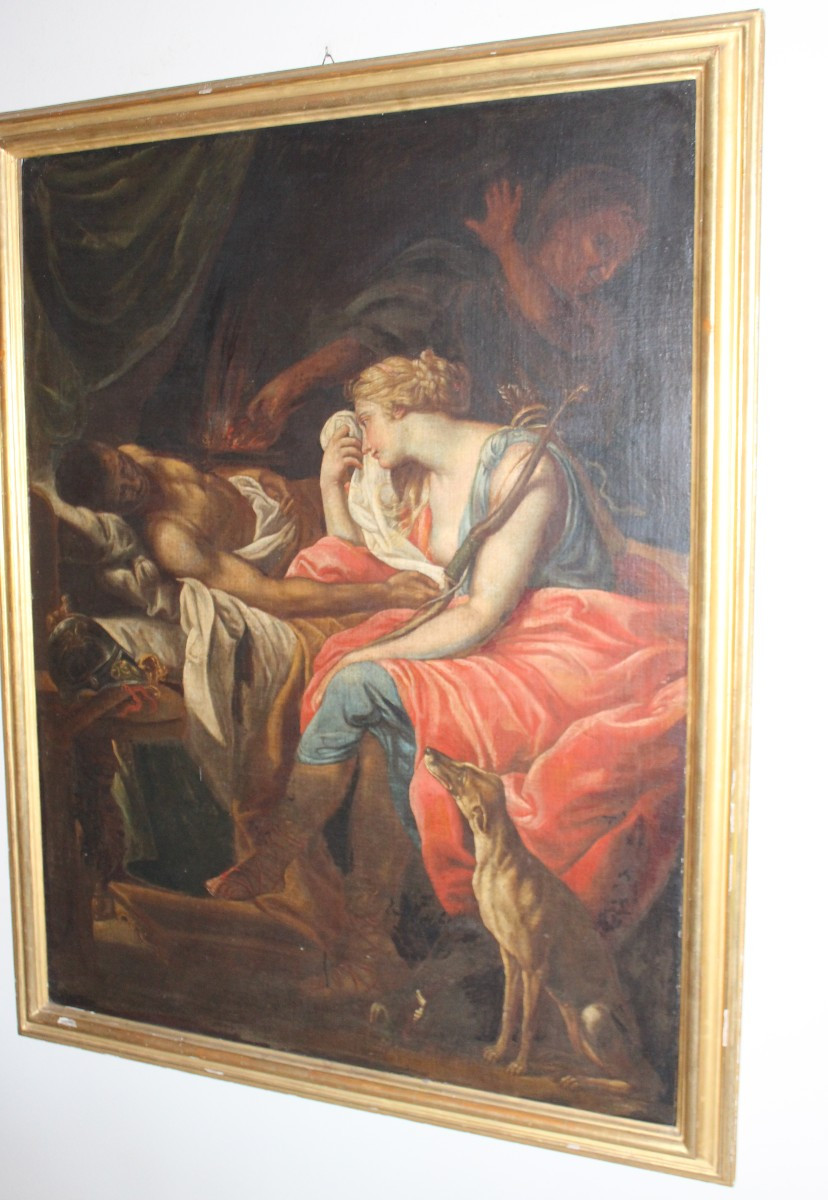 "ATLANTA EN PLEURÉE DE MELEAGRUS MORTEUX" GRAND HUILE SUR TOILE, DU LA FINE DU XVIII SIECLE.