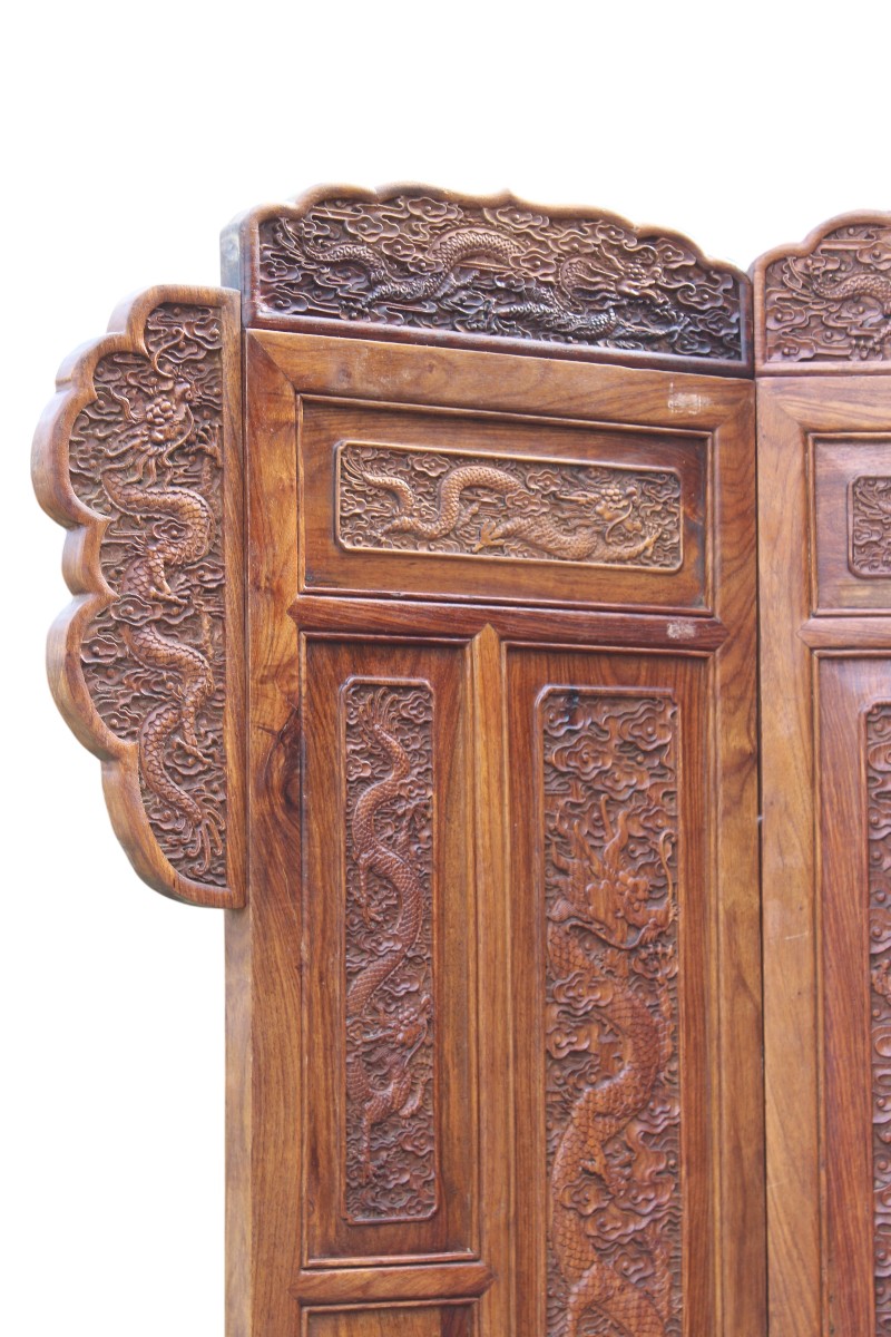 Large Chinese Screen Made Of Exotic Wood Featuring Dragons Among The Clouds, China, 20th Century.-photo-2