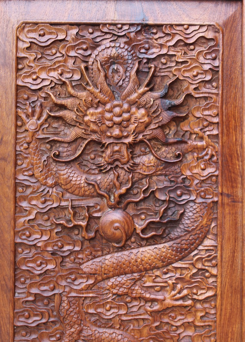 Large Chinese Screen Made Of Exotic Wood Featuring Dragons Among The Clouds, China, 20th Century.-photo-7
