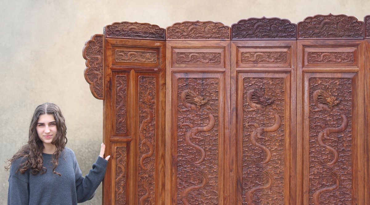 Large Chinese Screen Made Of Exotic Wood Featuring Dragons Among The Clouds, China, 20th Century.-photo-4