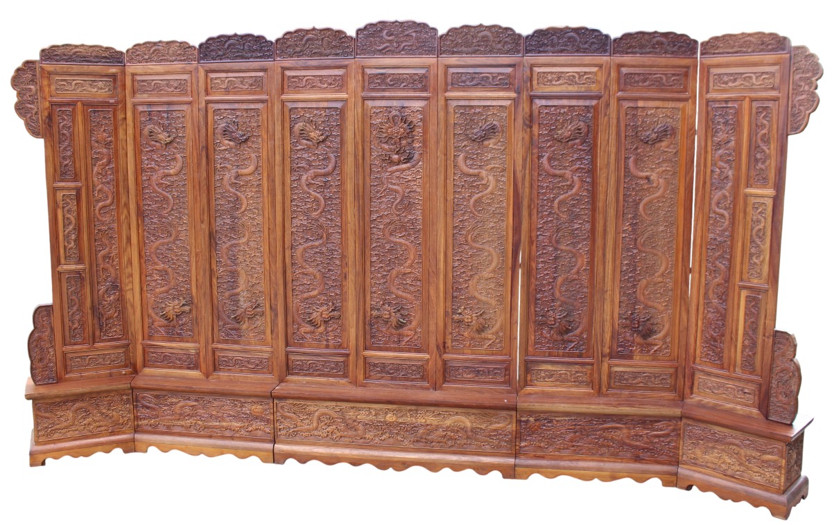 Large Chinese Screen Made Of Exotic Wood Featuring Dragons Among The Clouds, China, 20th Century.