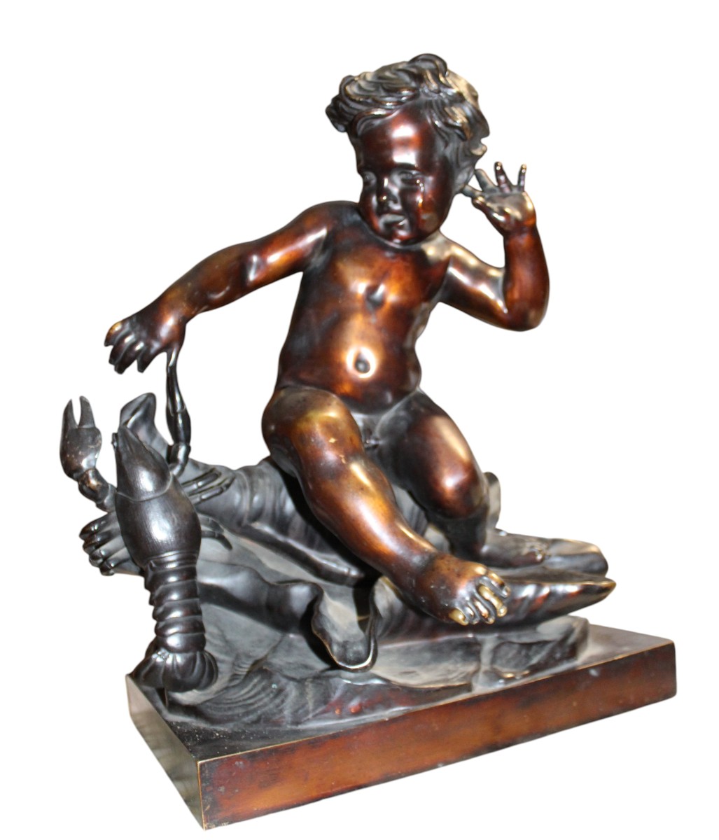 BRONZE D'APRES PIGALLE "ENFANT SURPRIS PAR LE PINCEMENT D'UNE èCREVISSE", FINE XIX SIECLE.-photo-2