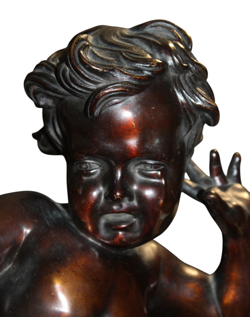 BRONZE D'APRES PIGALLE "ENFANT SURPRIS PAR LE PINCEMENT D'UNE èCREVISSE", FINE XIX SIECLE.-photo-3