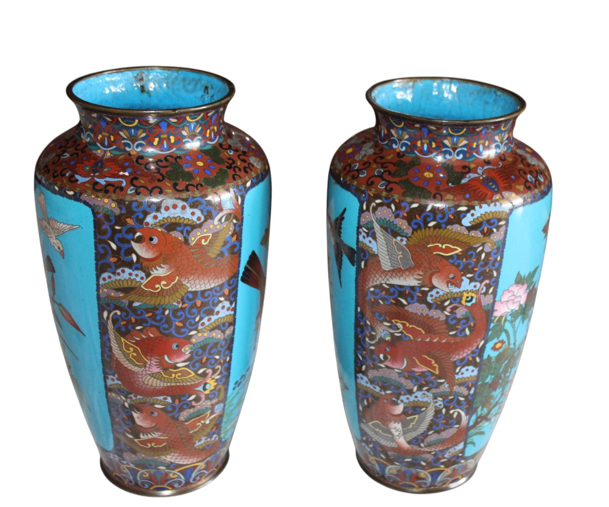 Pair Of Japanese Cloisonné Vases, Meiji Period, Late 19th Century.-photo-2
