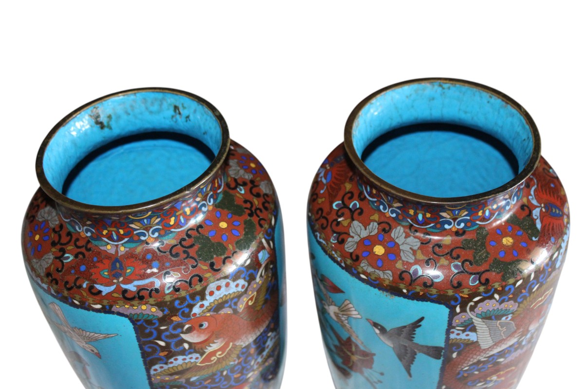 Pair Of Japanese Cloisonné Vases, Meiji Period, Late 19th Century.-photo-4