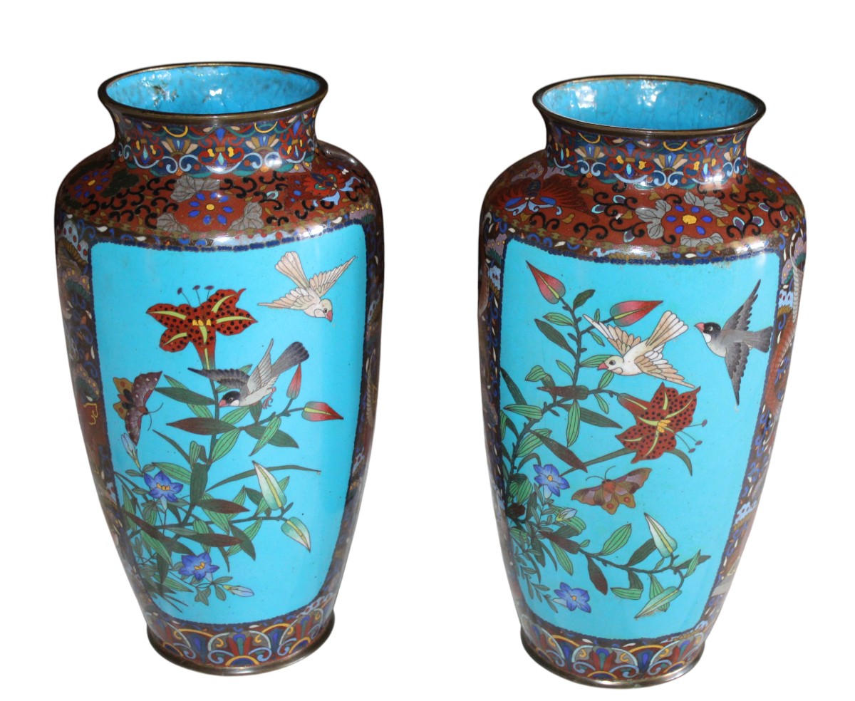 Pair Of Japanese Cloisonné Vases, Meiji Period, Late 19th Century.