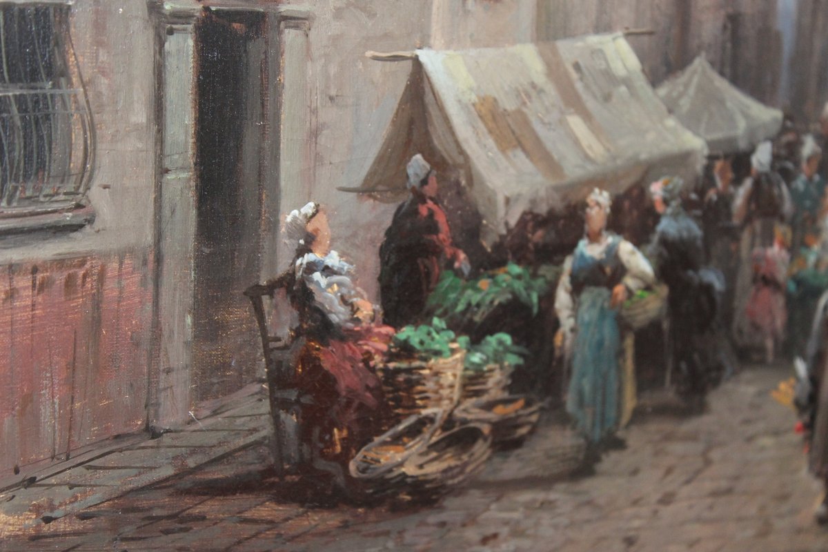Eugenio Amus (brescia 1834–bordeaux 1899), Oil On Canvas, “market Scene,” 19th Century.-photo-1