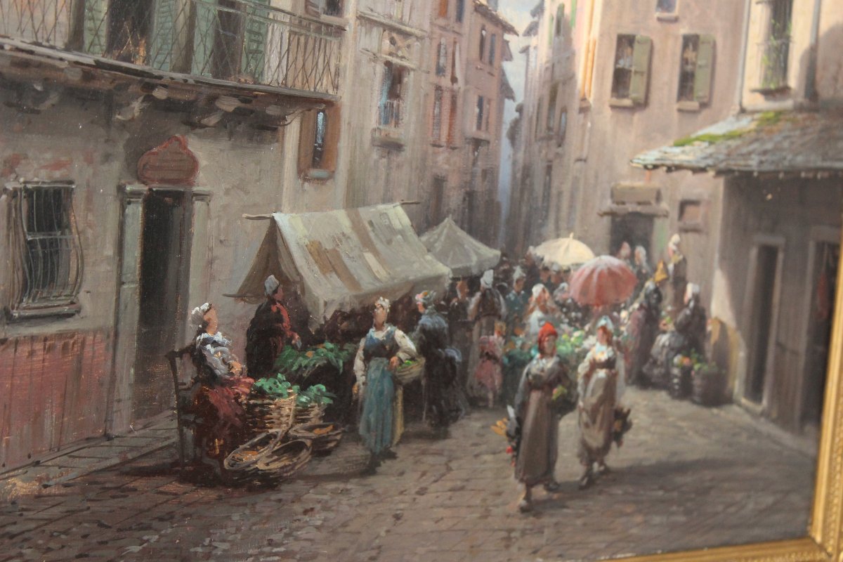 Eugenio Amus (brescia 1834–bordeaux 1899), Oil On Canvas, “market Scene,” 19th Century.