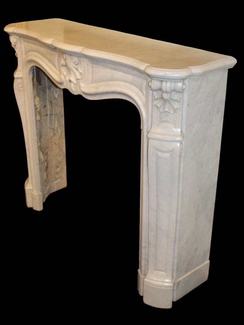 Napoleon III-era Fireplace, Made Of White Carrara Marble With Sculpted Shells, 19th Century-photo-2