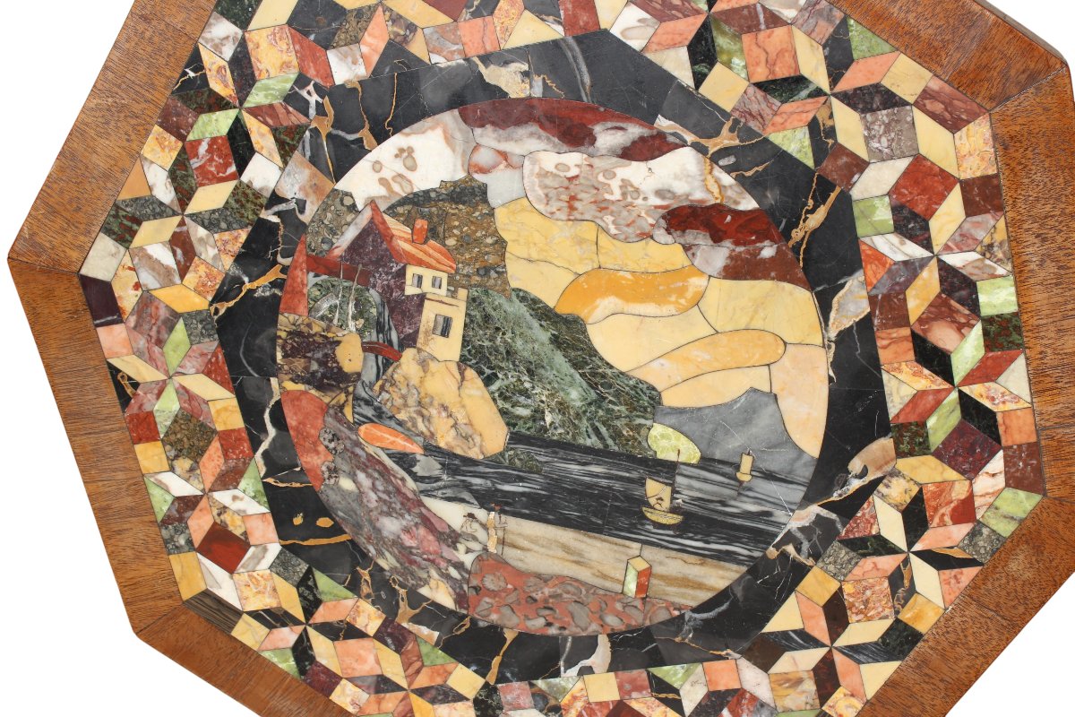 Plateau de gueridon en marqueterie de marbre et pietra dura, Italie, XIX siecle.-photo-2