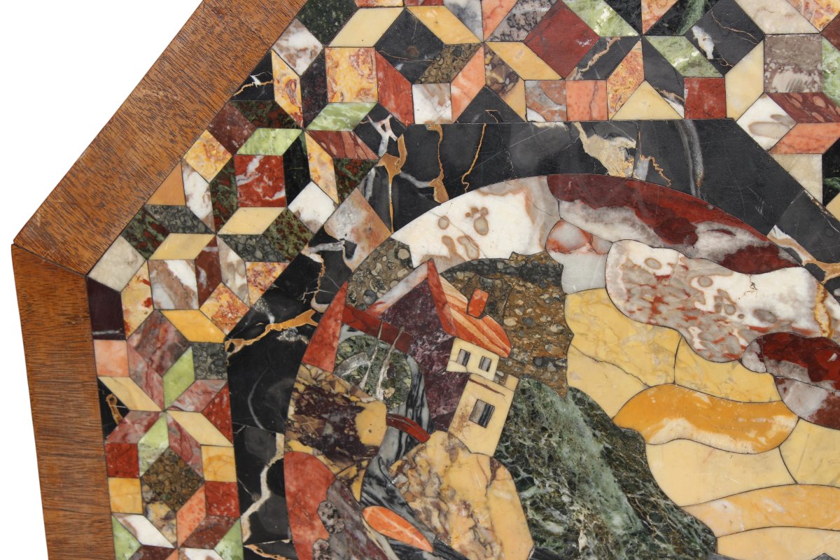 Plateau de gueridon en marqueterie de marbre et pietra dura, Italie, XIX siecle.-photo-3