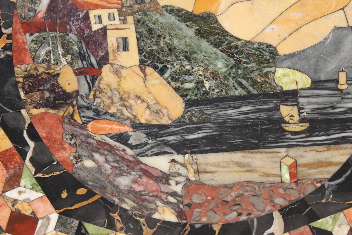 Plateau de gueridon en marqueterie de marbre et pietra dura, Italie, XIX siecle.-photo-4