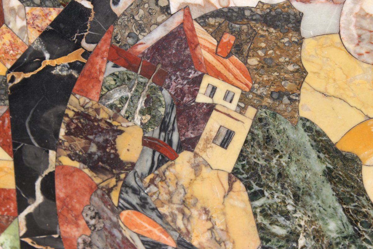 Plateau de gueridon en marqueterie de marbre et pietra dura, Italie, XIX siecle.-photo-1