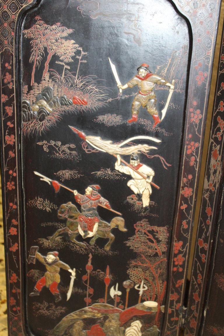 Chinese Screen In Lacquer, Inlay Of Hard Stone, And Carved Wood And Golden Fine Nineteenth Century-photo-4