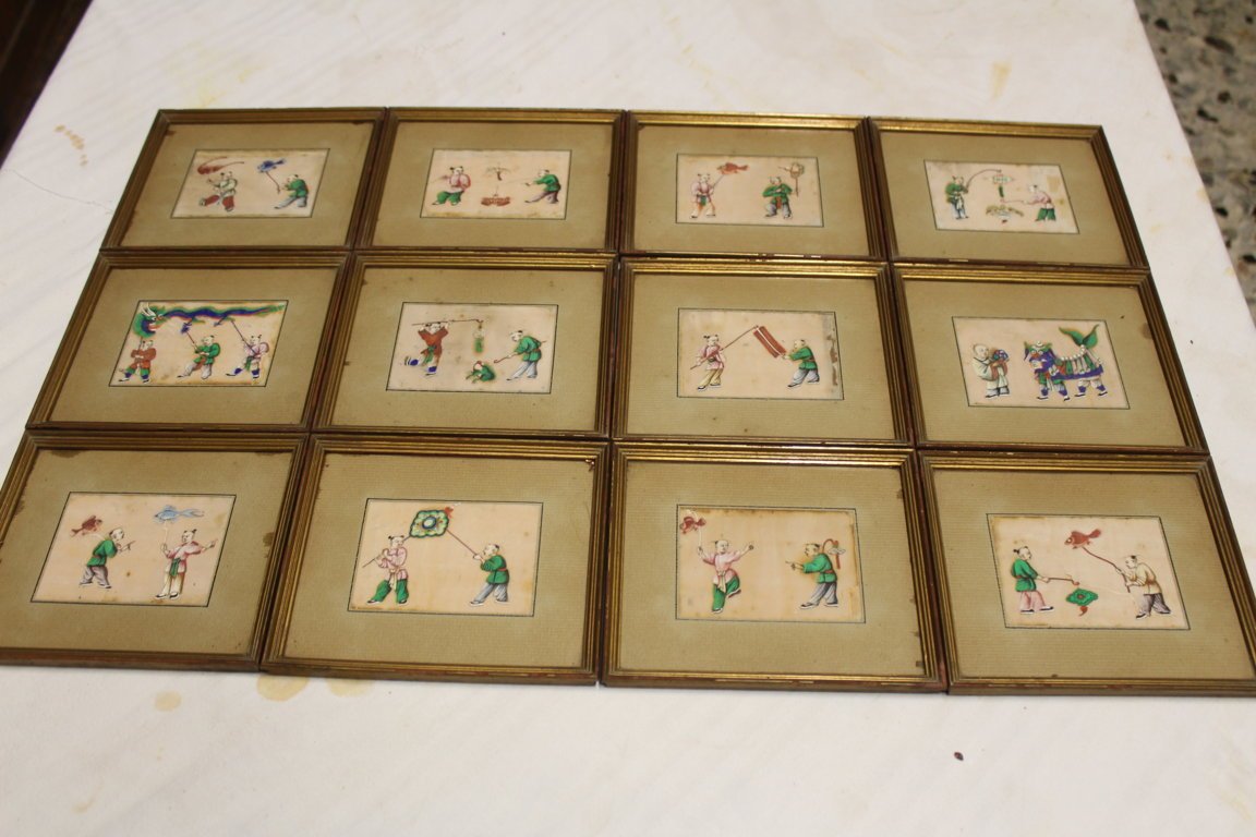Series Of 12 Chinese Gouache XIX Century On Map Of Rice China-photo-2