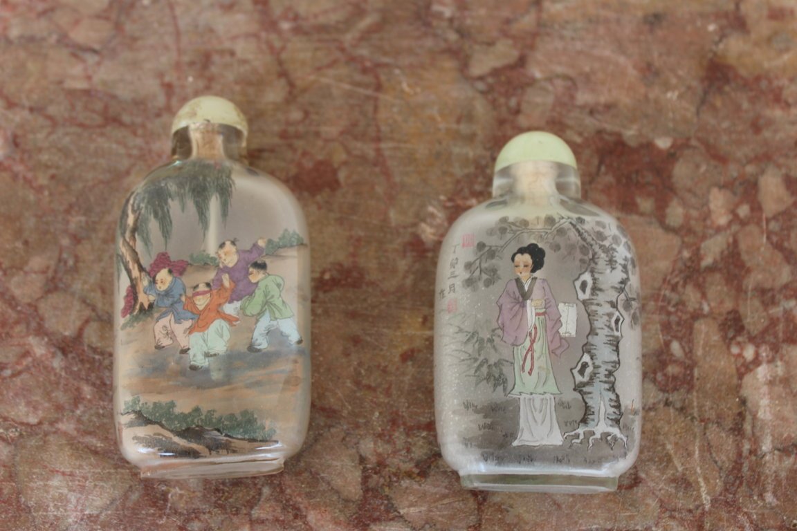 Deux Tabatieres Chinois (snuff Bottle) En Verre Peint Dell'interieur, Chine XX Siecle-photo-2