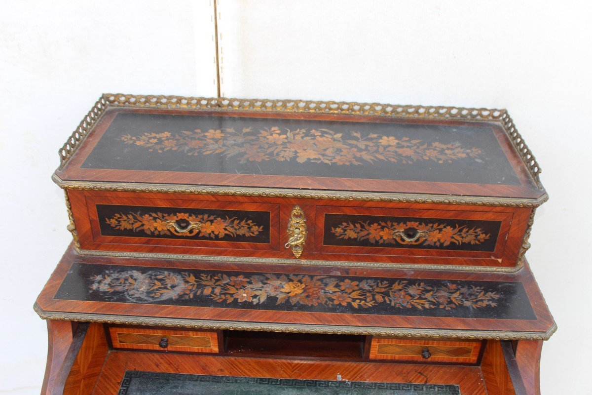 Lady's Desk / Secretary In Marquetry And Gilt Bronze, Napoleon III Period, XIX Century-photo-3