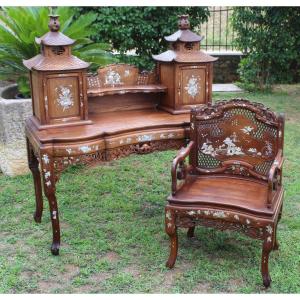 Desk With Its Mother-of-pearl Marquetry Armchair, Vietnam, 19th Century.