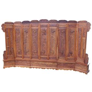 Large Chinese Screen Made Of Exotic Wood Featuring Dragons Among The Clouds, China, 20th Century.