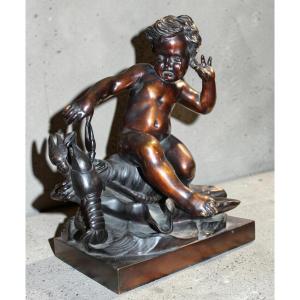 BRONZE D'APRES PIGALLE "ENFANT SURPRIS PAR LE PINCEMENT D'UNE èCREVISSE", FINE XIX SIECLE.